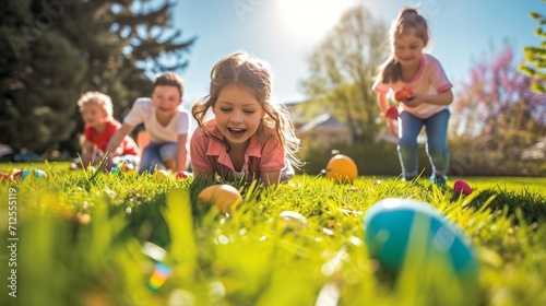 Kids joyfully engaging in an Easter egg rolling competition on a grassy hill, the colorful eggs gliding down with cheerful expressions