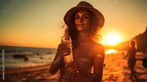 Beautiful woman holding glass of beer, walking on beach in summer travel