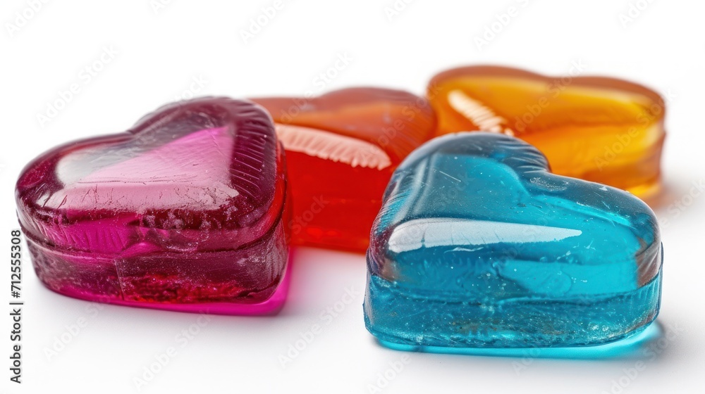 a group of three heart shaped candies sitting on top of a white table next to a cup of coffee. a group of three heart shaped candies sitting on top of a white table next to a cup of coffee.