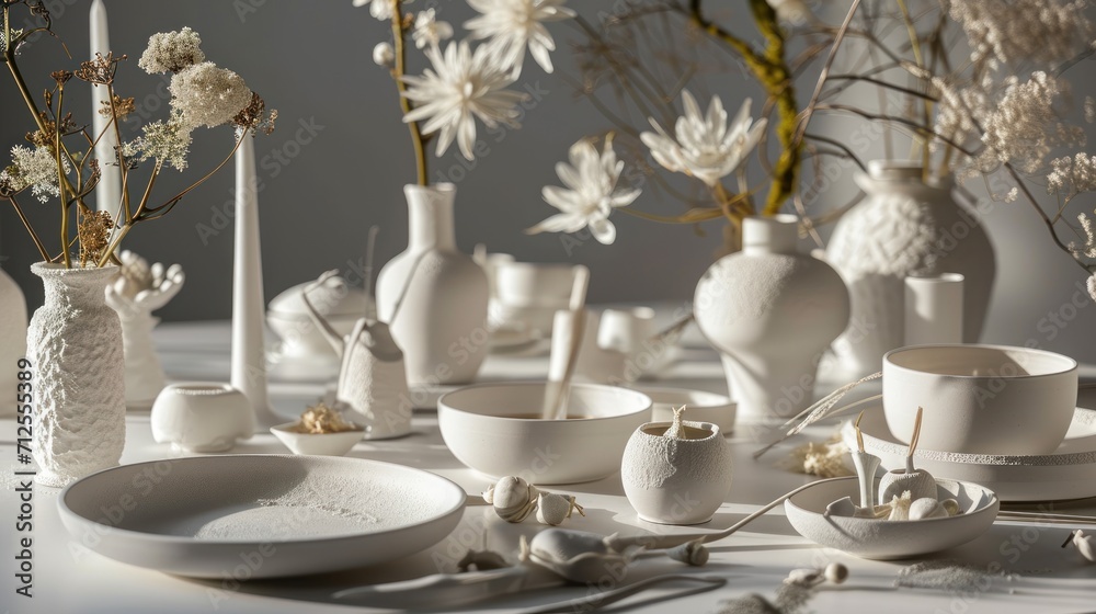  a table topped with lots of white vases filled with flowers next to white plates and forks and spoons.