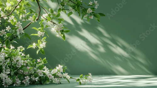 Light streams on white spring blossoms against a green backdrop.