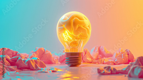  Light bulb with glowing brain concept on crumpled paper.