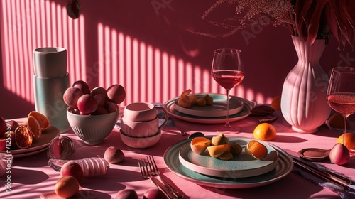  a table topped with plates and bowls of fruit next to a vase filled with oranges and a glass of wine.