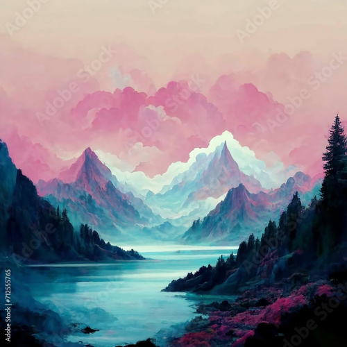 Beautiful Aesthetic Naturalistic Mountains Background Painting In Pink And Blue Tones