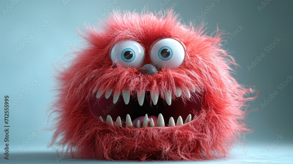 Fototapeta premium Cartoonish red furry monster with exaggerated eyes.