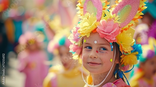 Playful kids participating in an Easter bonnet decorating contest, showcasing their creativity with vibrant hats adorned with flowers, ribbons, and Easter-themed decorations
