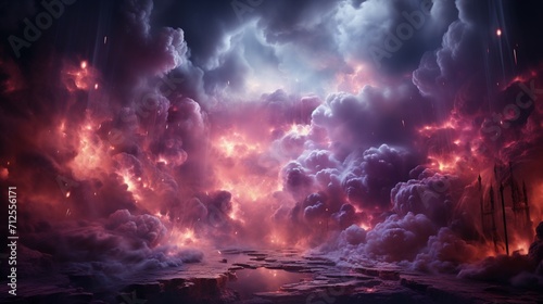 A stormy cloud glows from inside with bright pink and blue light, creating a neon background.