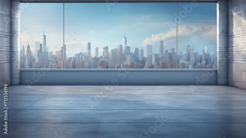 Empty room with panoramic window and city view. 3D Rendering