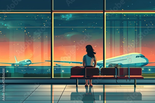 passenger is waiting in airport, in the style of graphic design-inspired illustrations, romantic emotivity
