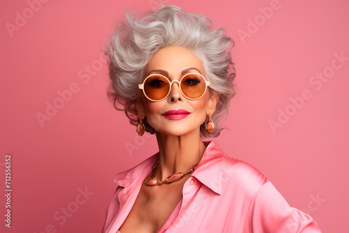 Beautiful stylish woman 60 years old in sunglasses close up on a pink background, portrait	