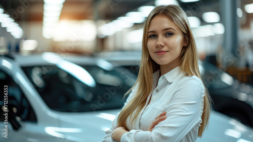 Beautiful girl consultant near the car in a car dealership, selling cars