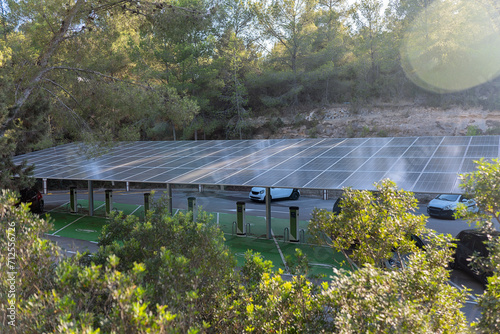 A spacious parking lot equipped with multiple solar panel canopies providing power to a row of electric vehicle charging stations