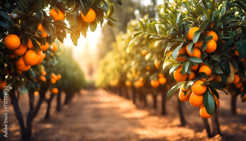 Fruit farm with orange trees, Branch with natural oranges on blurred background of orange orchard in golden hour photo