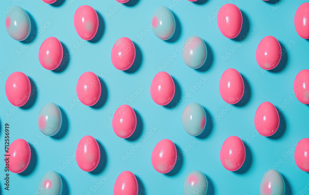 Easter eggs with pink spots flat lay in blue decorated pastel peach and pink colors Easter eggs with pink spots flat lay in blue decorated pastel peach and pink colors