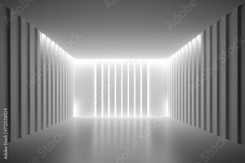 White clean empty interior room with indirect light from right and cornered back walll. 3d rendering.