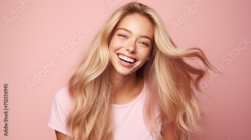 Explore hyper-realism in capturing the cheerful expression of a young woman with beautifully styled long blonde hair, set against a pastel flat background