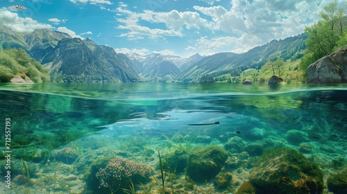  a painting of a lake with a mountain range in the background and a fish swimming in the middle of the water. © Shanti