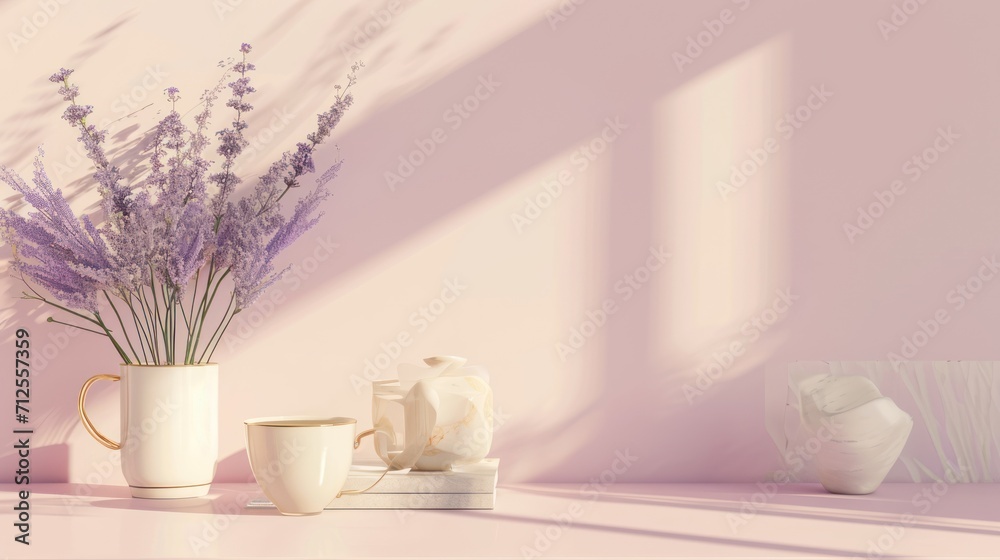  a vase filled with purple flowers next to a coffee cup and a vase filled with lavender flowers on a table.
