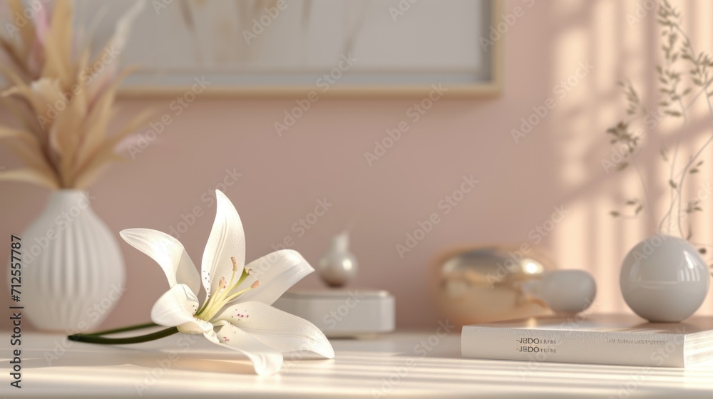  a white flower sitting on top of a white table next to a white vase with a white flower in it.
