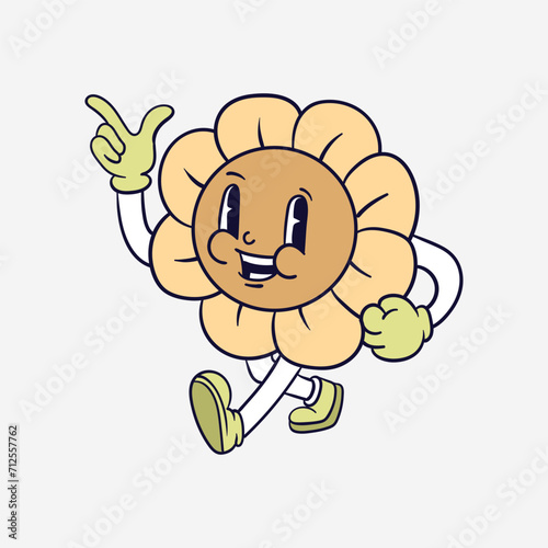 Vintage 90s cartoon flowers character expression sticker comic vector design