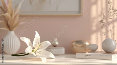  a white flower sitting on top of a white table next to a white vase with a white flower in it.