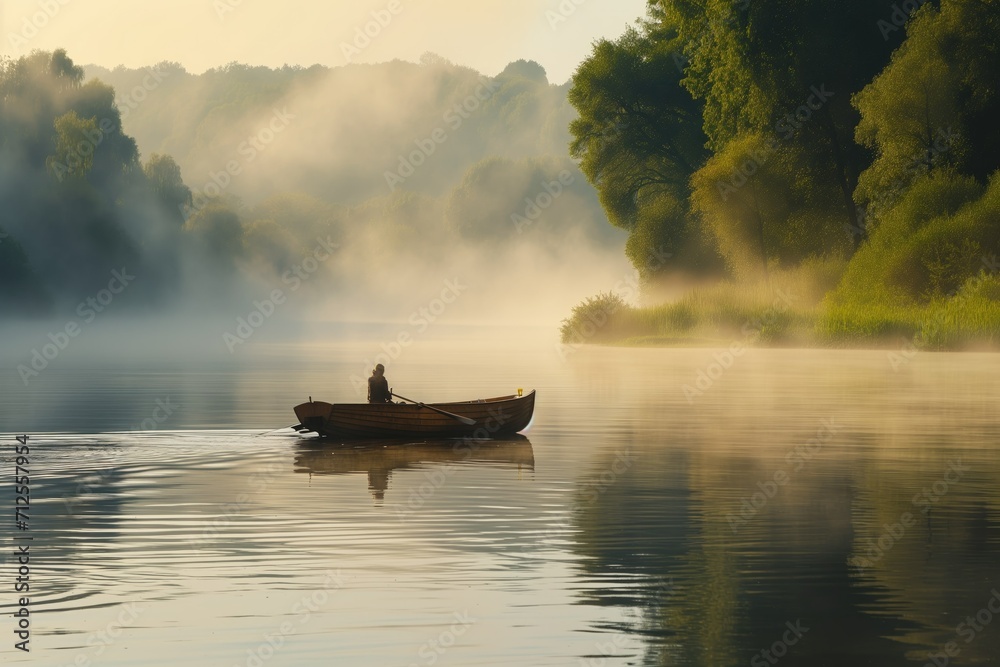 Misty river at dawn, lone rower in wooden boat.