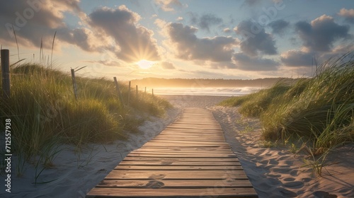  a wooden walkway leading to a beach with grass on both sides of it and the sun shining through the clouds.