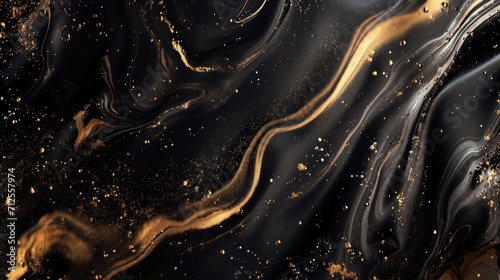  a close up of a black and gold wallpaper with lots of gold paint splattered all over it.