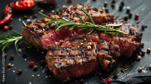 Grilled chops, Medium Beef Rib Eye steak slices, spices and salt on wooden board with fork and knife, Grilled medium rib eye steak with rosemary and pepper, Ai generated image