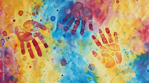 Colour prints of children's hands on a white sheet of paper, watercolour paint form children's hands photo