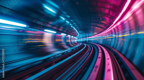 Fast moving train in tunnel, Fast underground subway train racing through the tunnels. Neon pink and blue light, Ai generated image © FH Multimedia