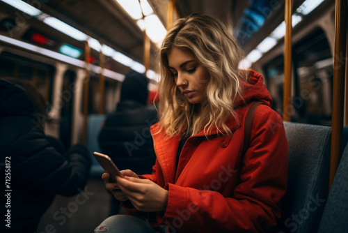 Young woman using the mobile phone in the train