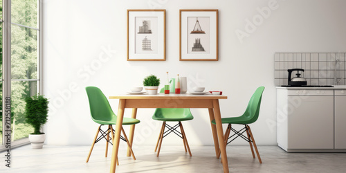 Minimal dining room interior design with green chair and table © JM Nimhas