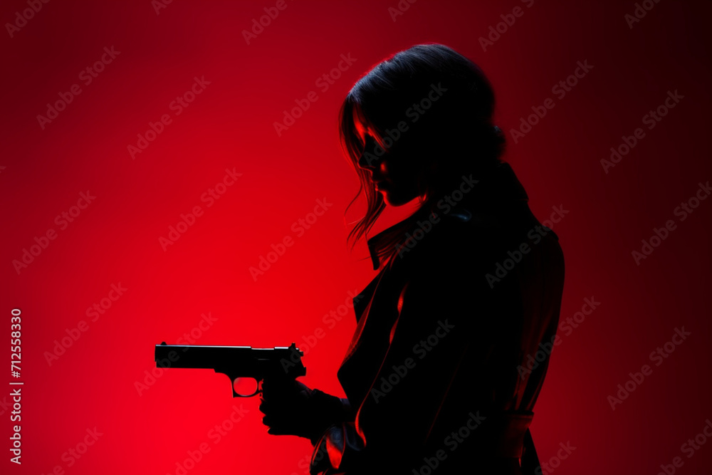 Young woman with gun in dark with back red light. Profile silhouette view 