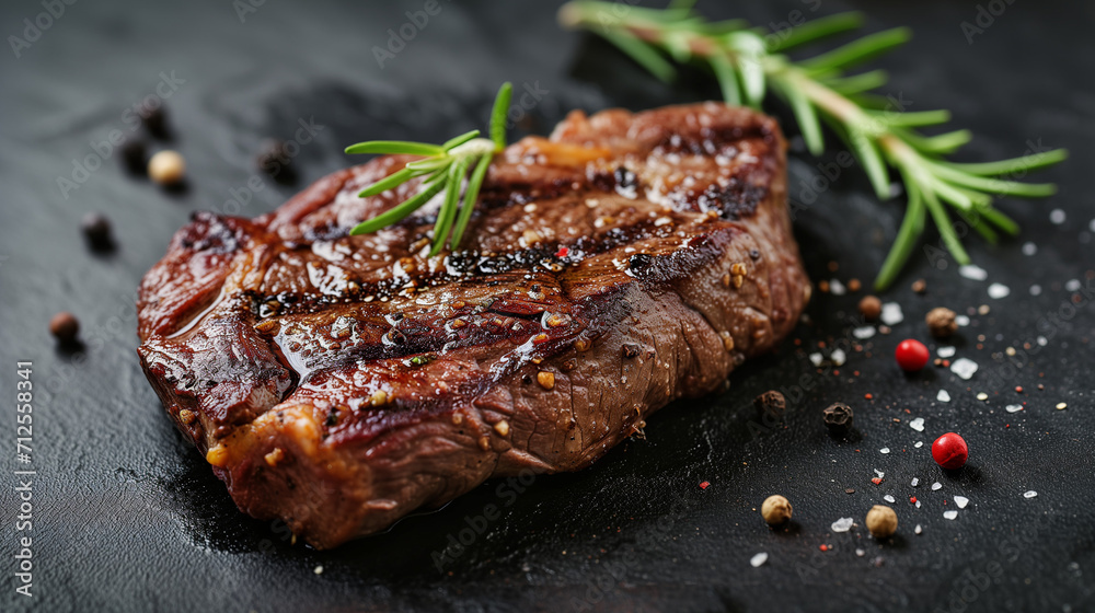 Medium Beef Rib Eye steak slices, spices and salt on wooden board with fork and knife, Grilled medium rib eye steak with rosemary and pepper, Ai generated image