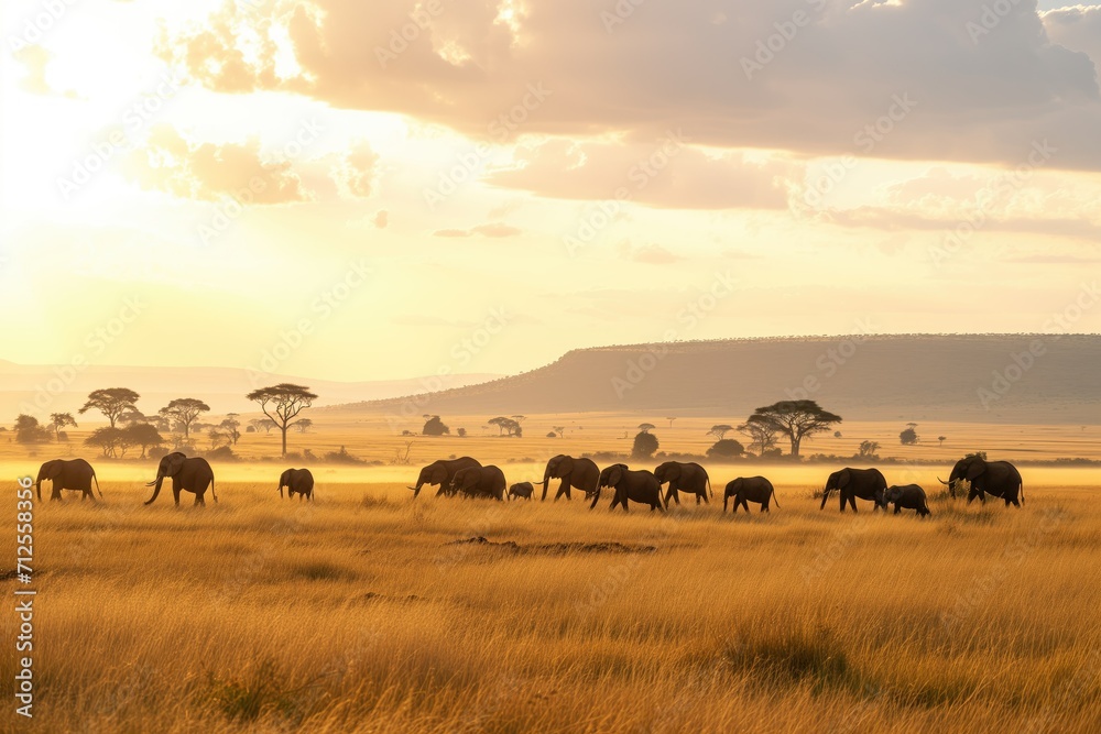 Herd of elephants crossing vast savannah at golden hour Herd of elephants crossing vast savannah at golden hour