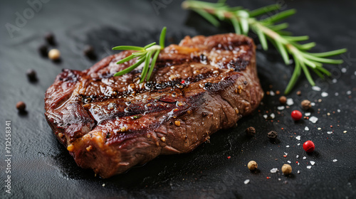 Medium Beef Rib Eye steak slices, spices and salt on wooden board with fork and knife, Grilled medium rib eye steak with rosemary and pepper, Ai generated image