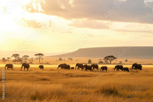 Herd of elephants crossing vast savannah at golden hour