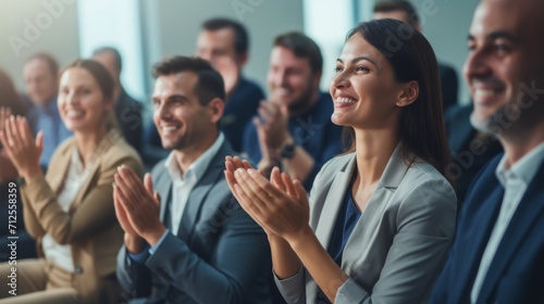 The company's employees clap their hands as a sign of success, support, and achievements. A team of cheerful smiling multiethnic group of people applauds at a briefing in the office.