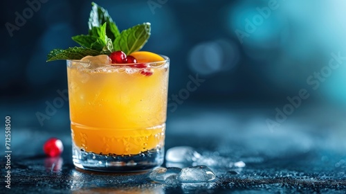  a close up of a drink in a glass with a mint garnish and a cherry on the rim.