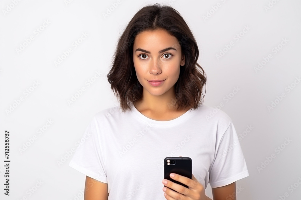 Happy woman with white shirt created with Generative AI Happy woman with white shirt created with Generative AI