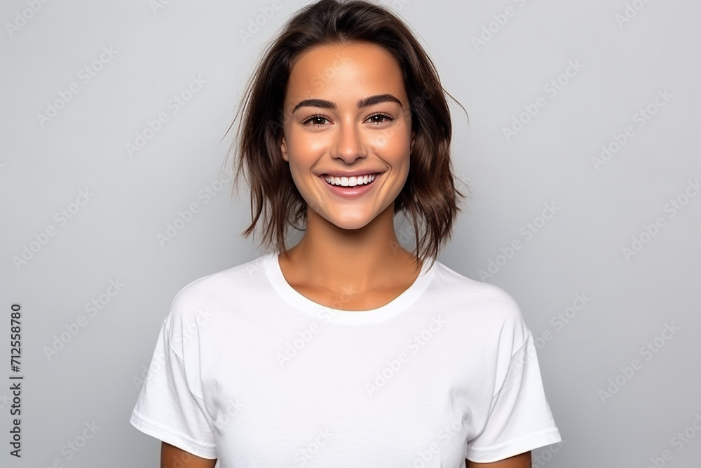 Happy woman with white shirt created with Generative AI Happy woman with white shirt created with Generative AI