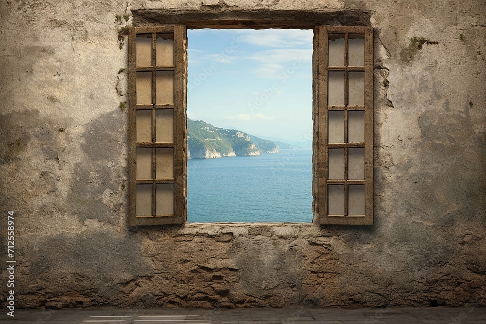 Ancient old window with sea view. Porto Venere,