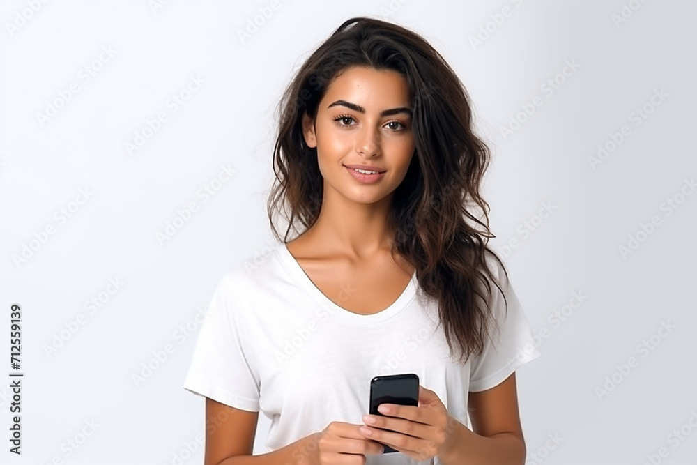 Happy woman with white shirt created with Generative AI Happy woman with white shirt created with Generative AI