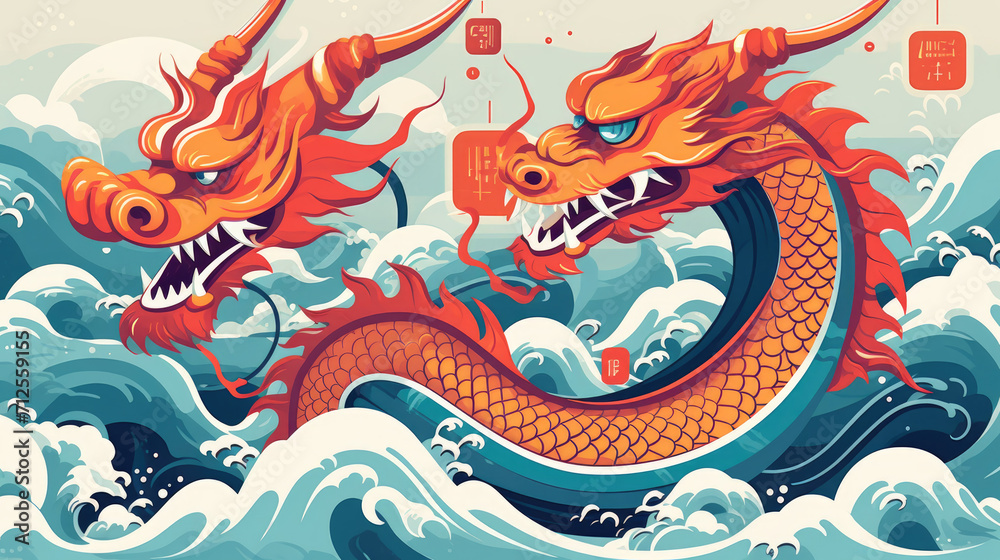 Happy chinese new year of dragon 2024 card illustration with funny dragon in waves and clouds background. Happy chinese new year of dragon 2024 card illustration with funny dragon in waves and clouds background.