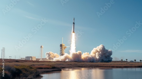 View of a space rocket taking off from the runway