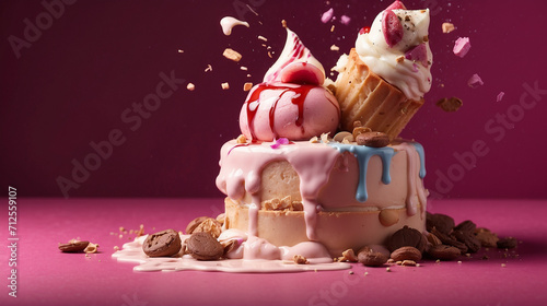 One Exploding ice cream cake on isolated dark pink background 