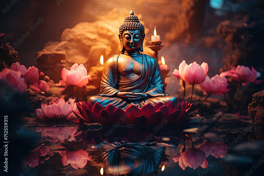 Buddha statue on a lotus. Generative AI