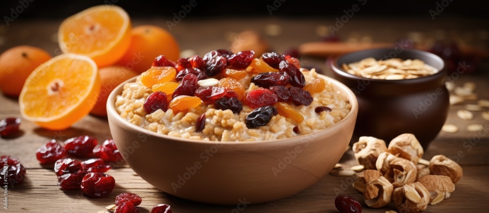 Wholesome breakfast with oats and dried fruit arrangement. Wholesome breakfast with oats and dried fruit arrangement.