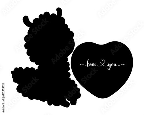 Llama Alpaca. Silhouette animal with heart. Romantic valentine Love you. Vector illustration. black hand drawn.